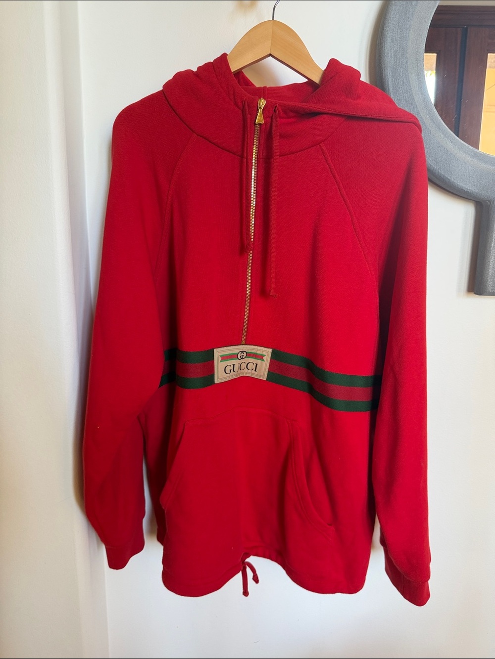 Gucci Red Hooded Zip Pullover with Green Stripe
